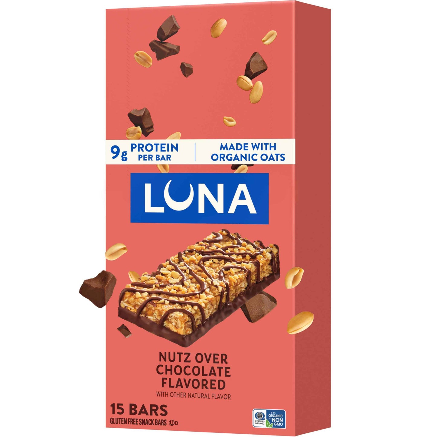 LUNA Bar - Nutz Over Chocolate Flavor - Gluten-Free - Non-GMO - 7-9g Protein - Made with Organic Oats - Low Glycemic - Whole Nutrition Snack Bars - 1.69 oz. (15 Count)
