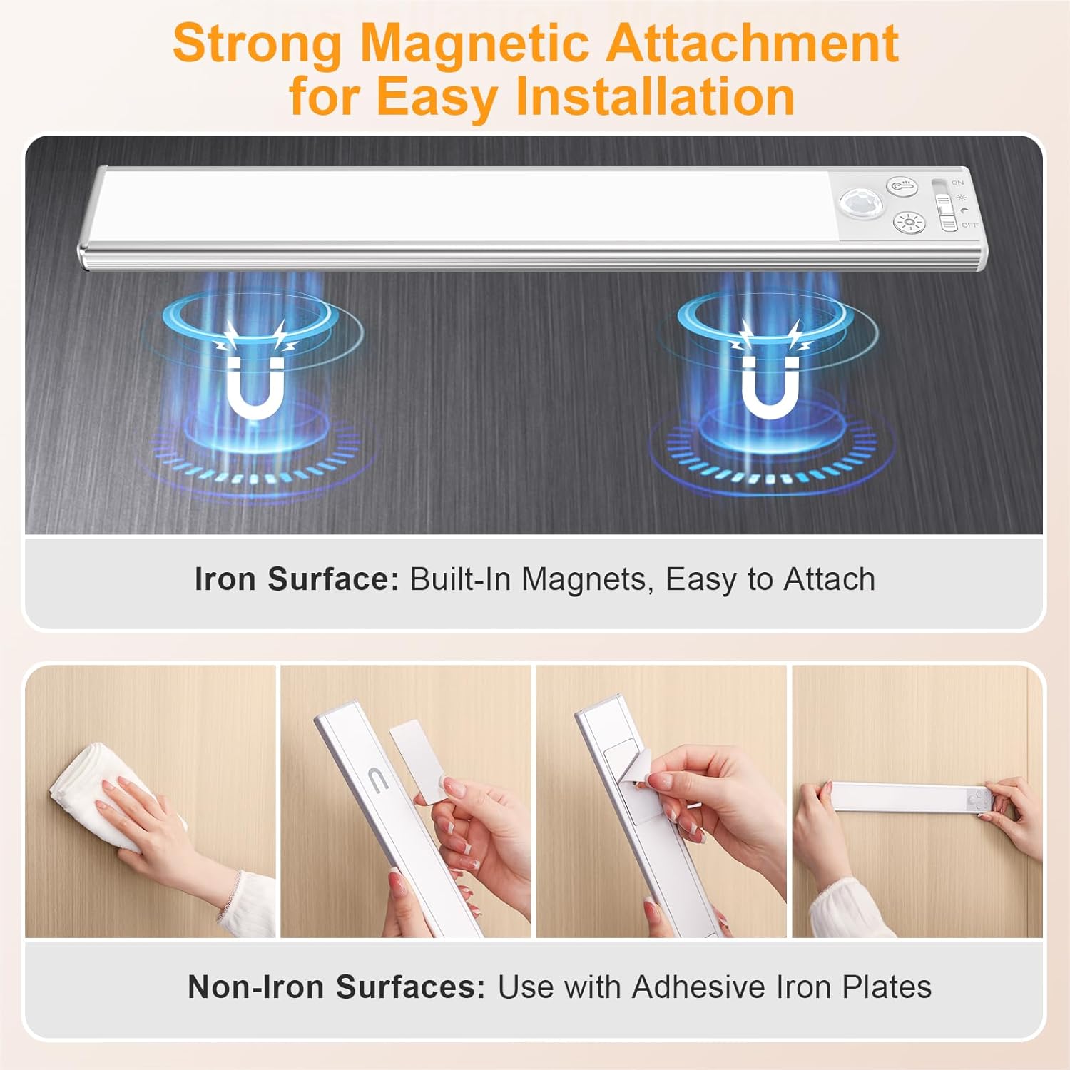 Gritin_10.2inch/_14.7_inch_Under_Cabinet_Lighting_Rechargeable_-84_LED_Super_Bright,3-Color&_5_Level_Brightness,4_Modes,Motion_Sensor,Long_Lasting-_Easy_Installation_Magnetic_Under_Cabinet_Closet_Lights_-2_Pack