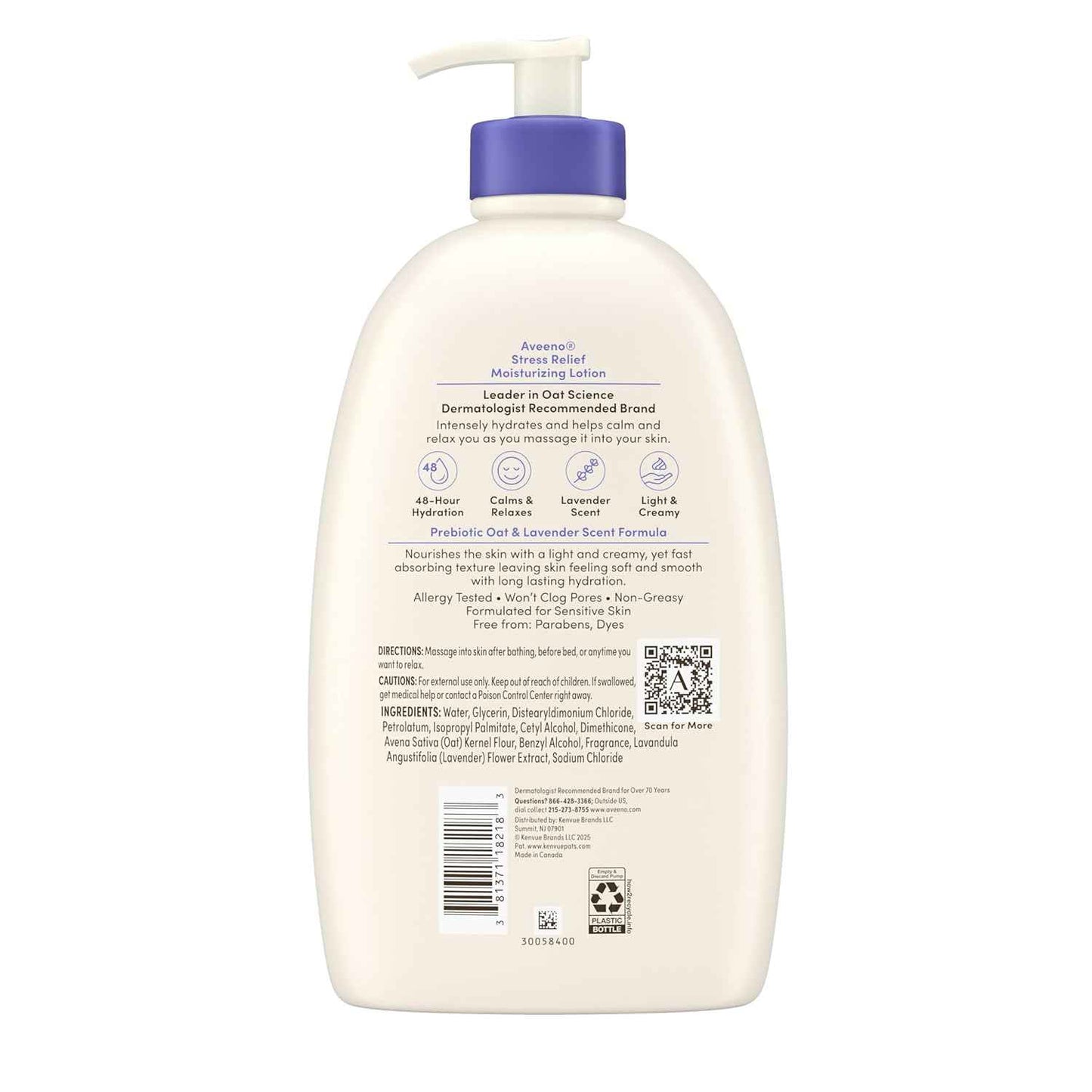 Aveeno Stress Relief Moisturizing Body Lotion with Prebiotic Oat & Lavender Scent for Sensitive Skin, Calms & Relaxes with 48 Hour Hydration, Fast Absorbing & Non-Greasy