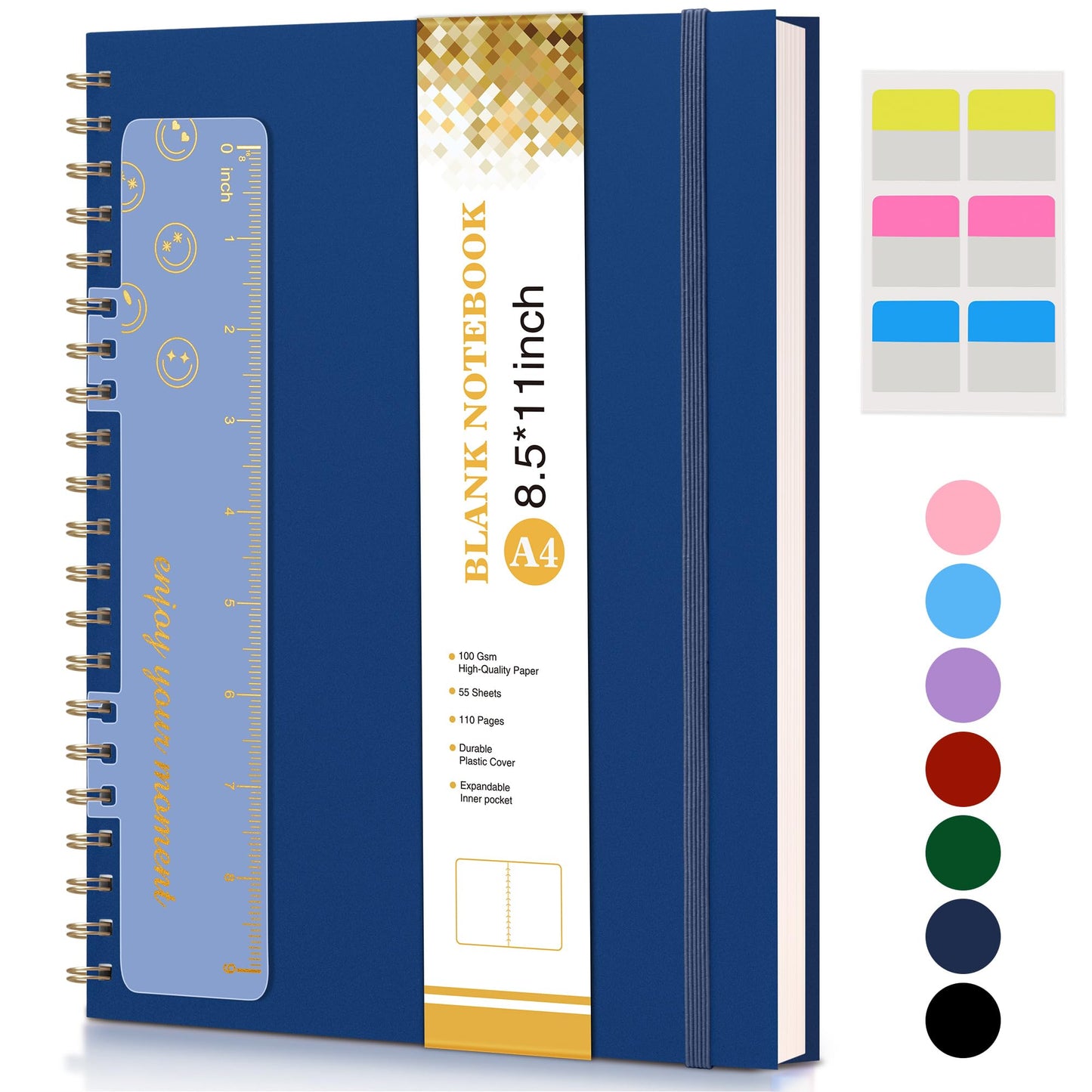 Blank Spiral Notebook Journal 8.5” x 11”, A4 Large Sketch Book for Women Men, 100 GSM Blank Paper Drawing Notebook, Plastic Hardcover Spiral Bound Sketchbook for Sketching Work School Writing, Navy