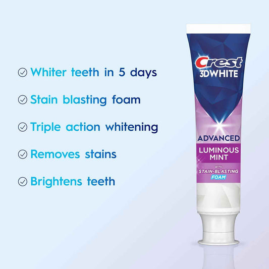 Crest 3D White Advanced, Teeth Whitening Toothpaste for Adults, Cavity Protection Fluoride Toothpaste, Strengthens Enamel, Travel Size Toiletries