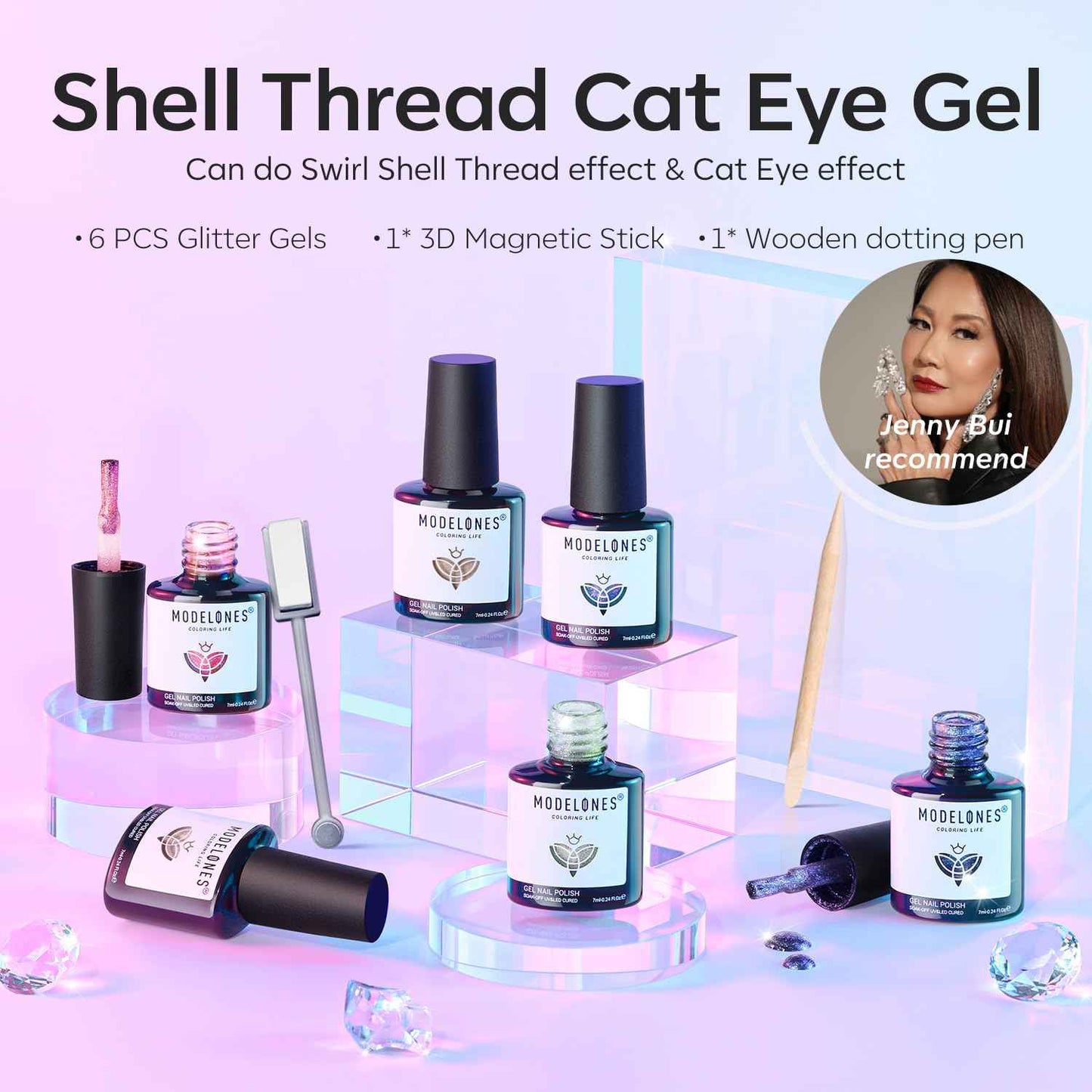 modelones Cat Eye Gel Nail Polish, 6 Colors Shimmer Pearl Magnetic Nail Drawing Set with Magnet, Iridescent Mermaid Swirl Shell Thread Purple Pink Blue Glitter, DIY Manicure Gift for Women Girl