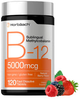 Horbäach B12 Vitamin 5000 mcg | 120 Fast Dissolve Tablets | Sublingual Methylcobalamin | Vegan, Non-GMO & Gluten Free Supplement