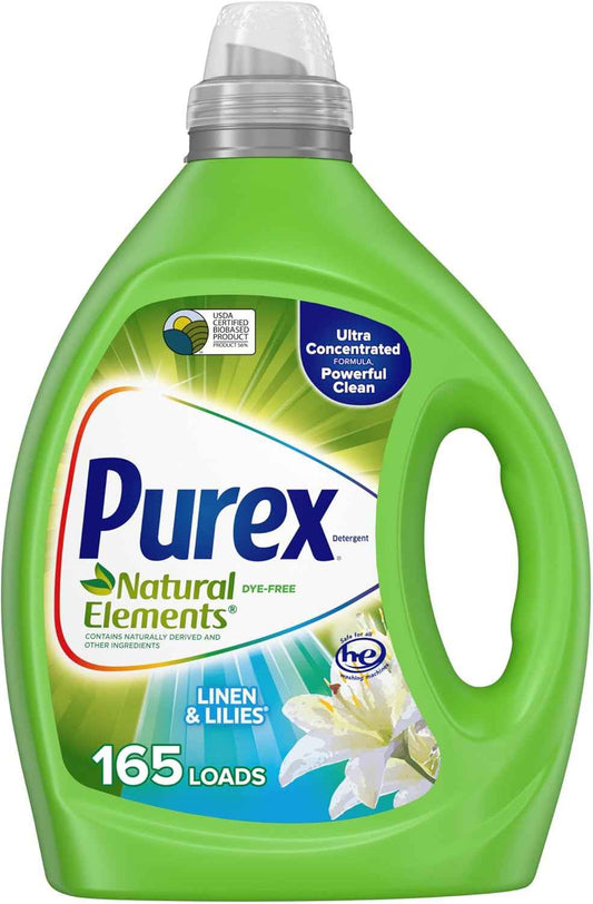 Purex Natural Elements Fresh Lilies & Linen Liquid Detergent, 82.5 oz, 165 Loads, Ultra-Concentrated, Dye-Free, USDA Certified Biobased Product