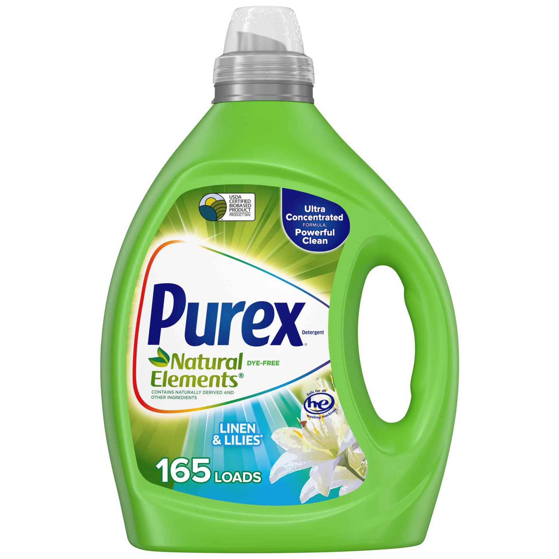 Purex Natural Elements Fresh Lilies & Linen Liquid Detergent, 82.5 oz, 165 Loads, Ultra-Concentrated, Dye-Free, USDA Certified Biobased Product