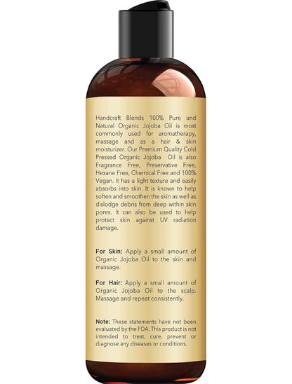 Handcraft Blends USDA Organic Jojoba Oil | Cold-Pressed | 100% Pure & Natural | for Hair, Skin & Face | Premium Grade Carrier Oil | for Massage & Aromatherapy | Hexane-Free