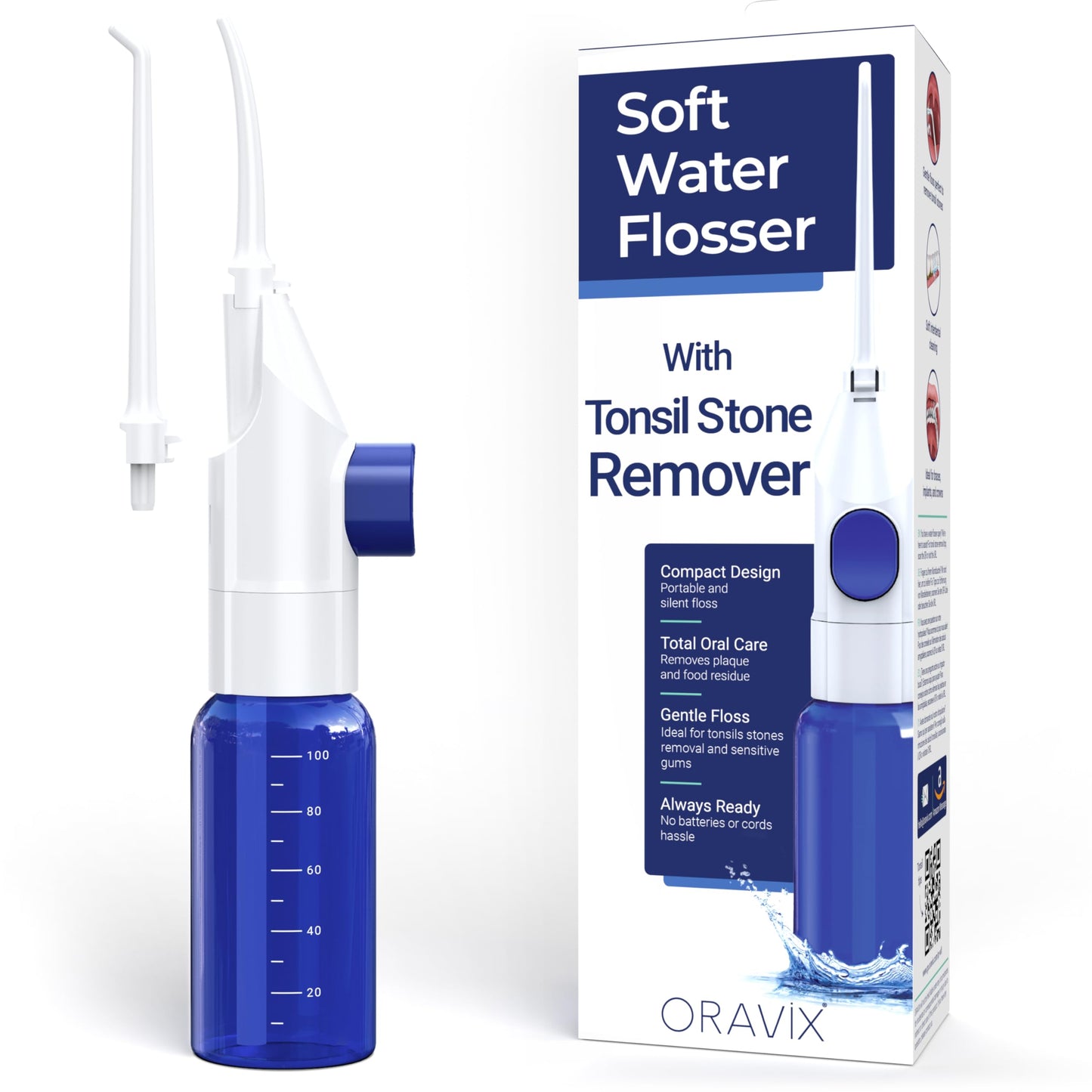 Oravix 100 ml Manual Oral Irrigation Bottle for Teeth &amp;amp; Gum Care, Portable Mouth Cleaner, Tonsil Debris Removal Tool, Child-Friendly Dental Rinse Device, Cordless &amp;amp; Battery-Free