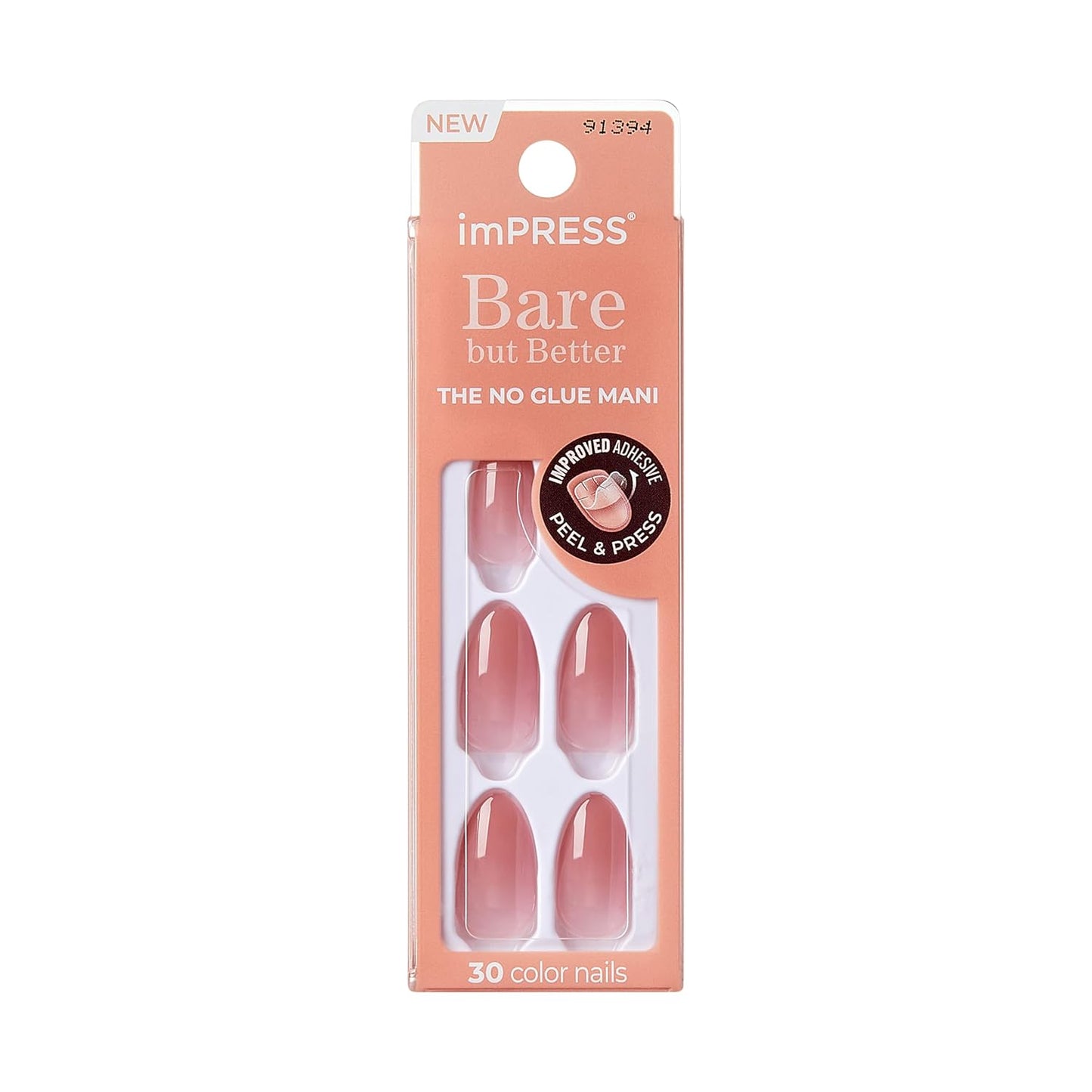 KISS_imPRESS_No_Glue_Mani_Press_On_Nails,_Bare_but_Better,_'Serenity',_Medium_Pink,_Medium_Size,_Almond_Shape,_Includes_30_Nails,_Prep_Pad,_Instructions_Sheet,_1_Manicure_Stick,_1_Mini_File