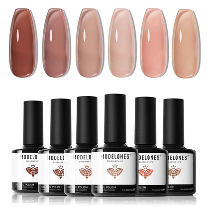 modelones Gel Nail Polish Kit -6 Colors Nude Pink Milky White Spring Gel Polish Set Skin Tones Neutral Brown Soak Off Gel Nail Kit Manicure DIY Nail Art Salon Home Gift