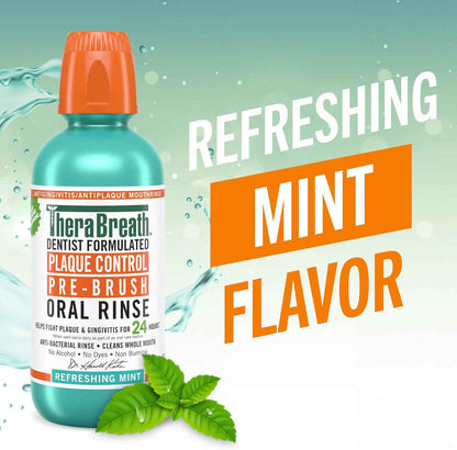 TheraBreath Plaque Control Pre-Brush Oral Rinse, Refreshing Mint Flavor, Antigingivitis and Antiplaque Rinse, Dentist Formulated, Alcohol Free, 16 Fl Oz