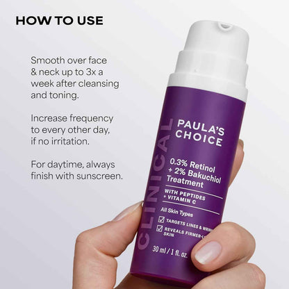 Paula's Choice CLINICAL 0.3% Retinol + 2% Bakuchiol Face Serum Treatment, Anti-Aging Serum for Face with Ceramides, Hylauronic Acid, Vitamin C & E, Deep Wrinkles & Fine Lines, Fragrance-Free, 1 oz