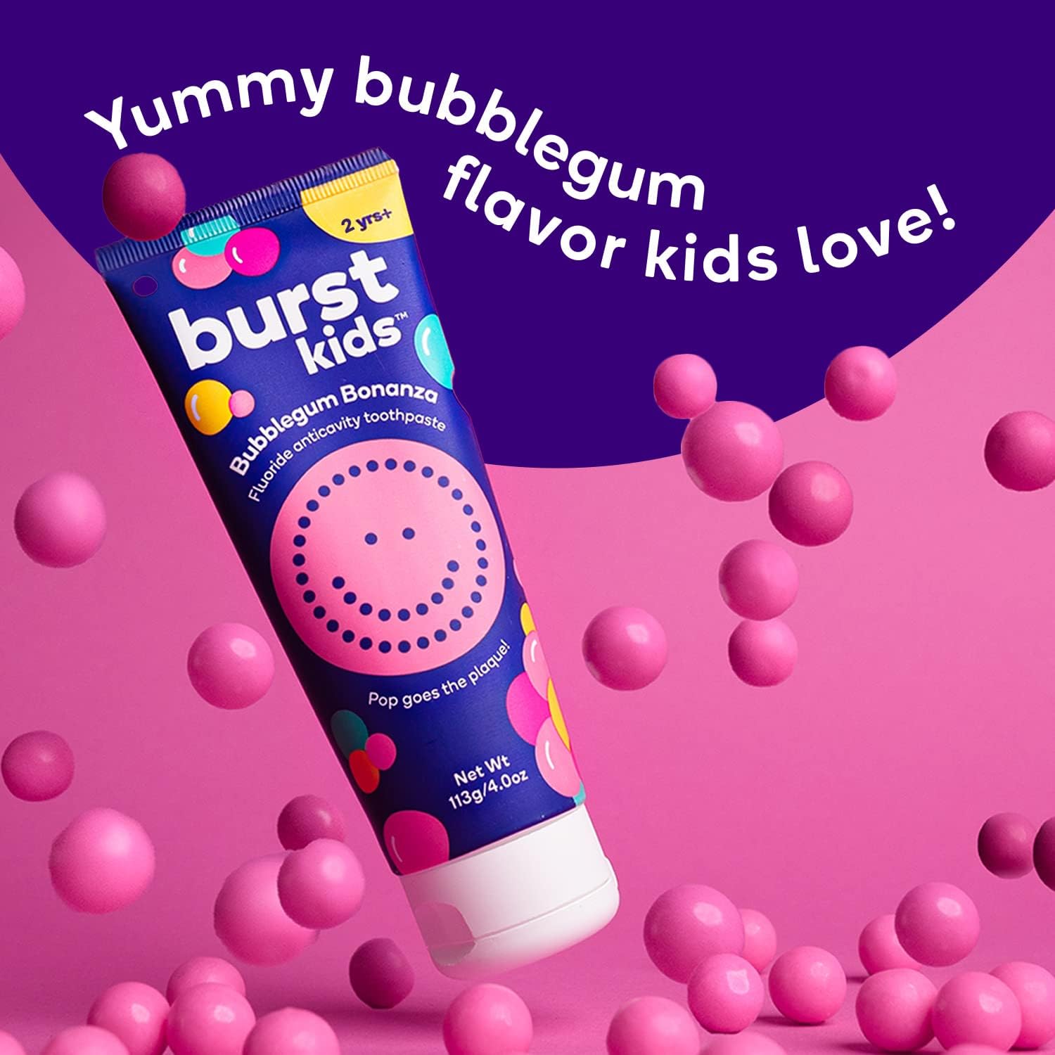 BURST_Bubblegum_Bonanza_Kids_Toothpaste_with_Fluoride_(4oz)_|_Great_Tasting_|_Flavored_for_Children_&_Toddlers_|_Anticavity_|_Dye_Free_&_Vegan_|_Safe_for_Kids_Ages_2+