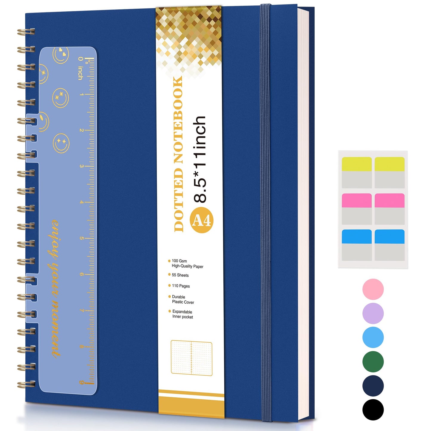 UEBZFOCS Dotted Notebook, Spiral Notebook Journal 8.5” x 11”, A4 Large Dot Grid Notebooks for Women Men, 100 GSM Dotted Paper, Plastic Hardcover Spiral Bullet Journals for Work School Sketching, Navy