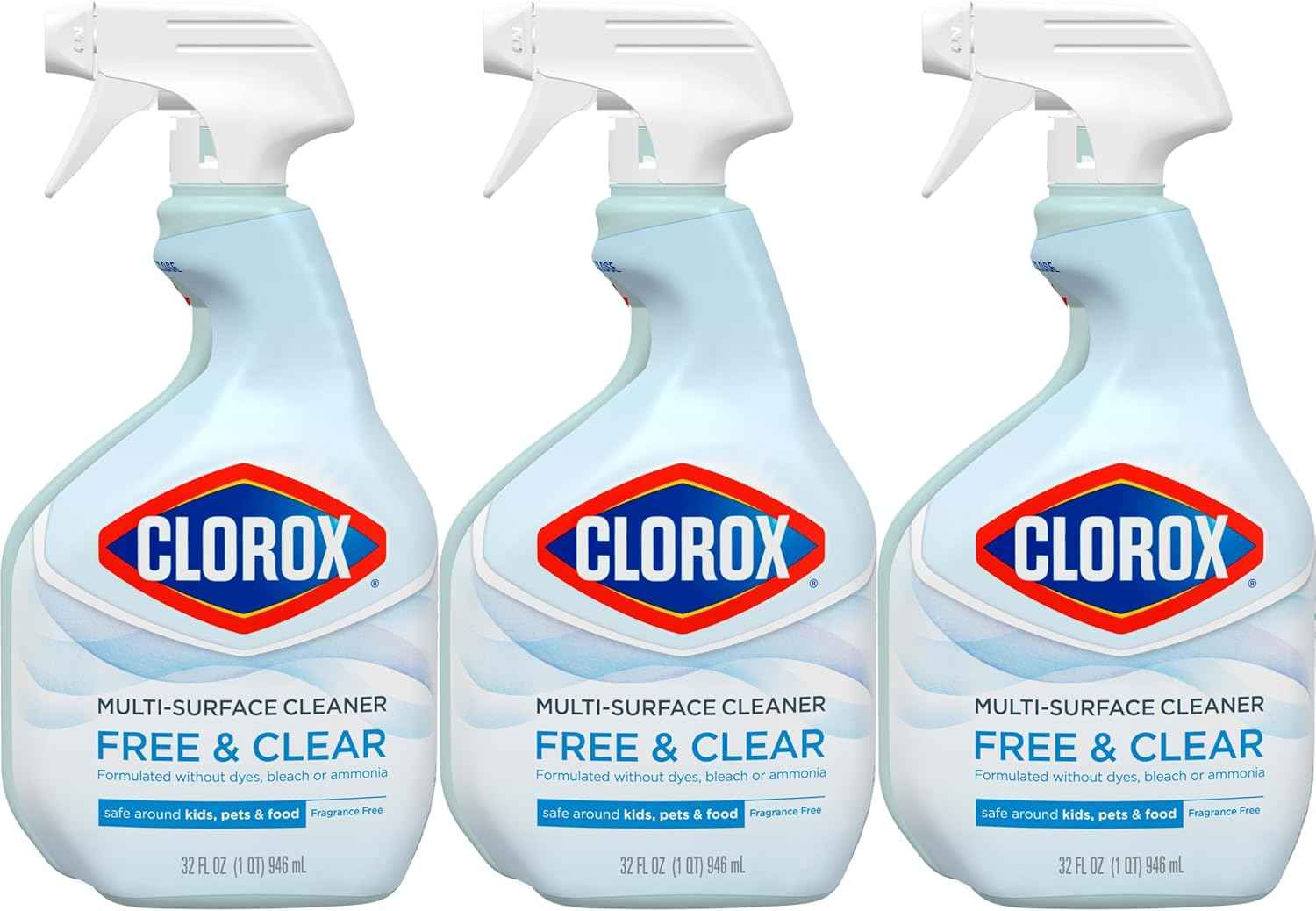 Clorox Free & Clear Multi Surface Cleaner, Spray Bottle, Fragrance Free, 32 Fluid Ounces, Pack of 3