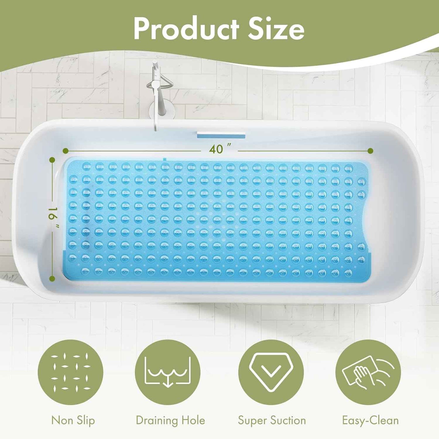 AmazerBath Shower Mat Non Slip 40 x 16 Inches, Bathtub Mat Shower Stall Mats with Suction Cups and Drain Holes, Non Slip Bath Mat for Tub for Elderly & Kids