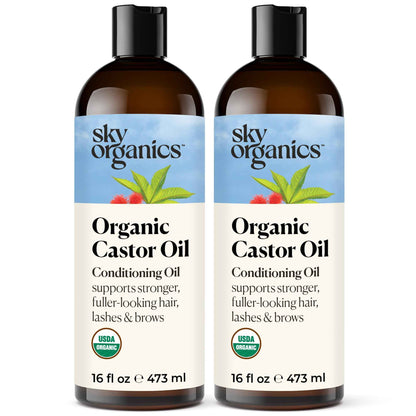 Sky Organics Castor Oil - USDA Certified Organic Hair Oil for Hair Growth, Skin, Face, Eyelashes - Cold Pressed & Hexane Free - Pure Organic Castor Oil Pack Wrap - Carrier & Hair Treatment Oil
