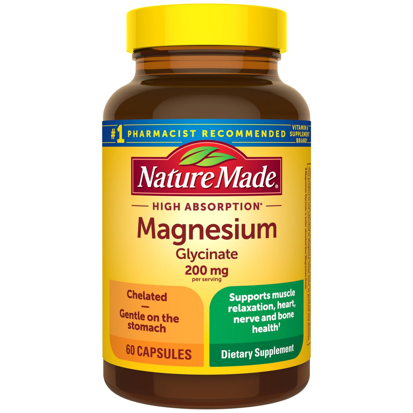 Nature Made Magnesium Glycinate 200 mg per Serving, Magnesium Supplement for Muscle, Heart, Nerve and Bone Support, 60 Magnesium Bisglycinate Capsules, 30 Day Supply