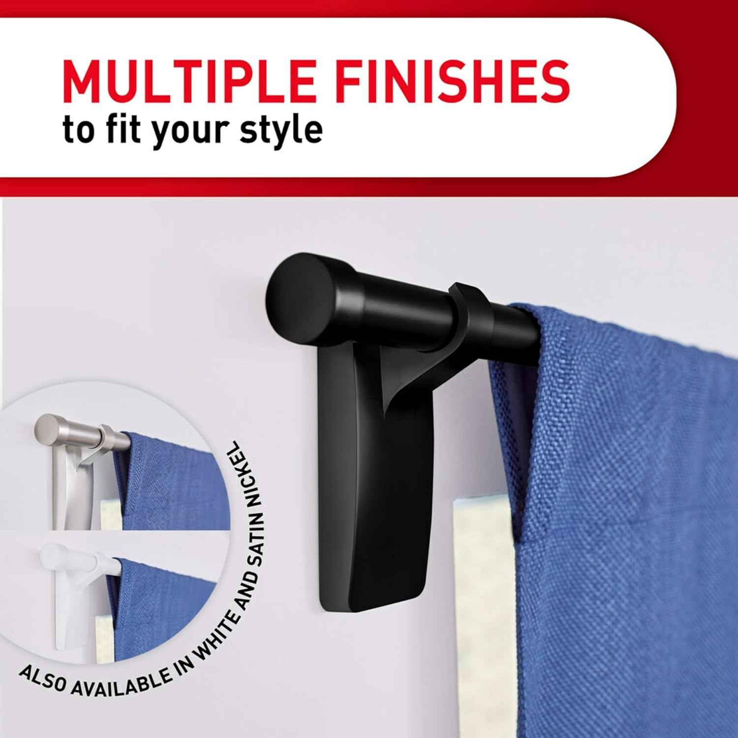 Command 10 lb Matte Curtain Rod Hooks, 2 Hooks and 4 Strips, No Drilling Home Decor and Room Decor, Use with Rod Diameters 0.5-0.75" | 10 lb, 4 Command Strips, Damage Free, Curtain Rods Hangers, Home and Room Decor