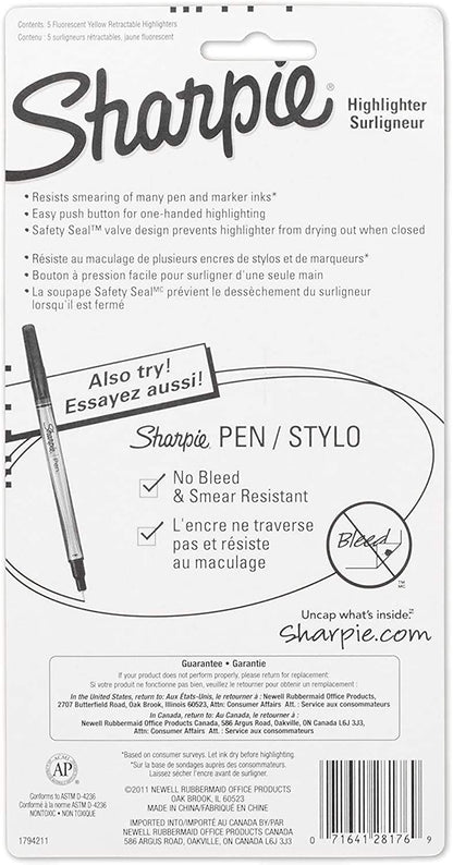 SHARPIE_1740822_Accent_Retractable_Highlighter,_Chisel_Tip,_Fluorescent_Yellow,_5-Count