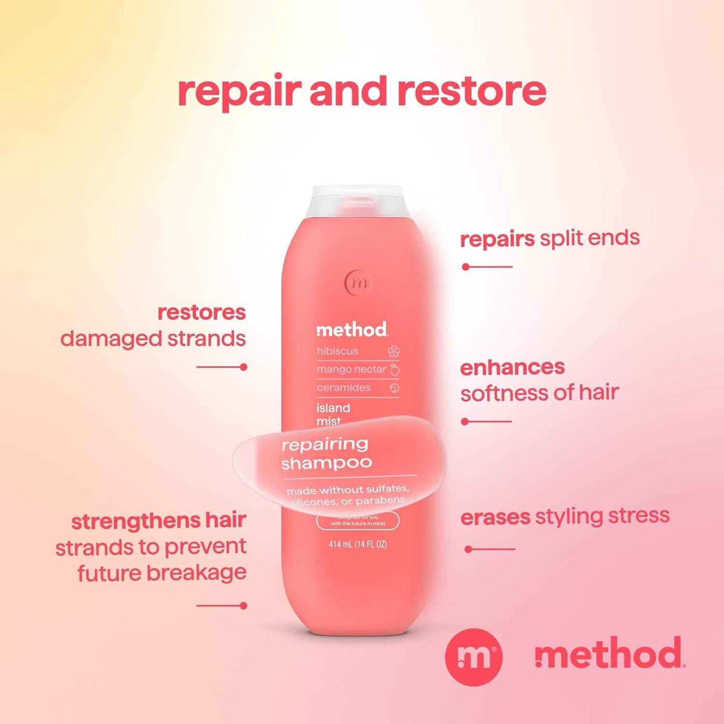 Method Repairing Shampoo, Island Mist - Nourishes Hair and Restores Damaged Strands - Sulfate Free, Color Safe - 14 oz