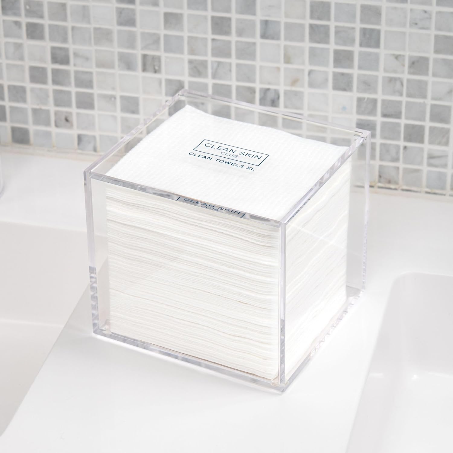 CLEAN_SKIN_CLUB_Clear_Acrylic_Box_for_Clean_Towels_XL_(NOT_Included),_Container_For_50_Disposable_Clean_Towels_XL,_Face_Towelettes_Bathroom_Counter_Storage,_Bin_for_Cleansing_Facial_Dry_Wipes