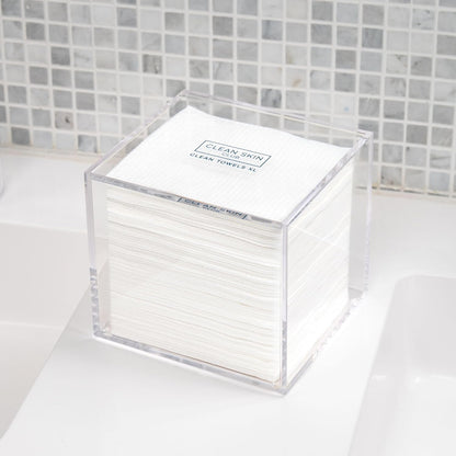 CLEAN_SKIN_CLUB_Clear_Acrylic_Box_for_Clean_Towels_XL_(NOT_Included),_Container_For_50_Disposable_Clean_Towels_XL,_Face_Towelettes_Bathroom_Counter_Storage,_Bin_for_Cleansing_Facial_Dry_Wipes