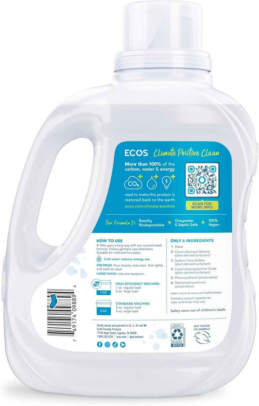 ECOS Laundry Detergent Liquid, 200 Loads - Dermatologist Tested Laundry Soap - Hypoallergenic, EPA Safer Choice Certified, Plant-Powered