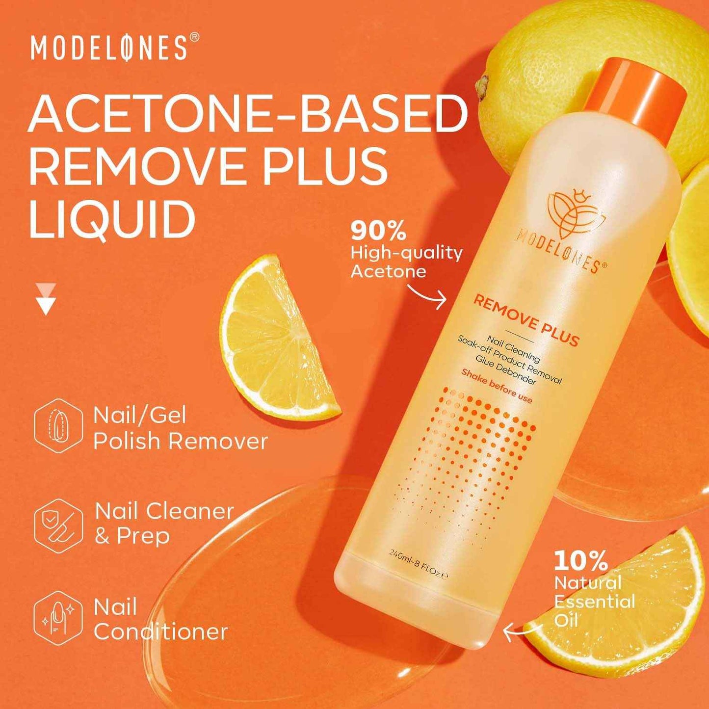 Modelones Acetone Nail Polish Remover, Professional Gel Polish Remover, Nail Glue Remover Natural Formula with Jojoba Oil for Nail Moisturizing & Care, Acrylic Dip Powder Remover(8 FL.Oz.)
