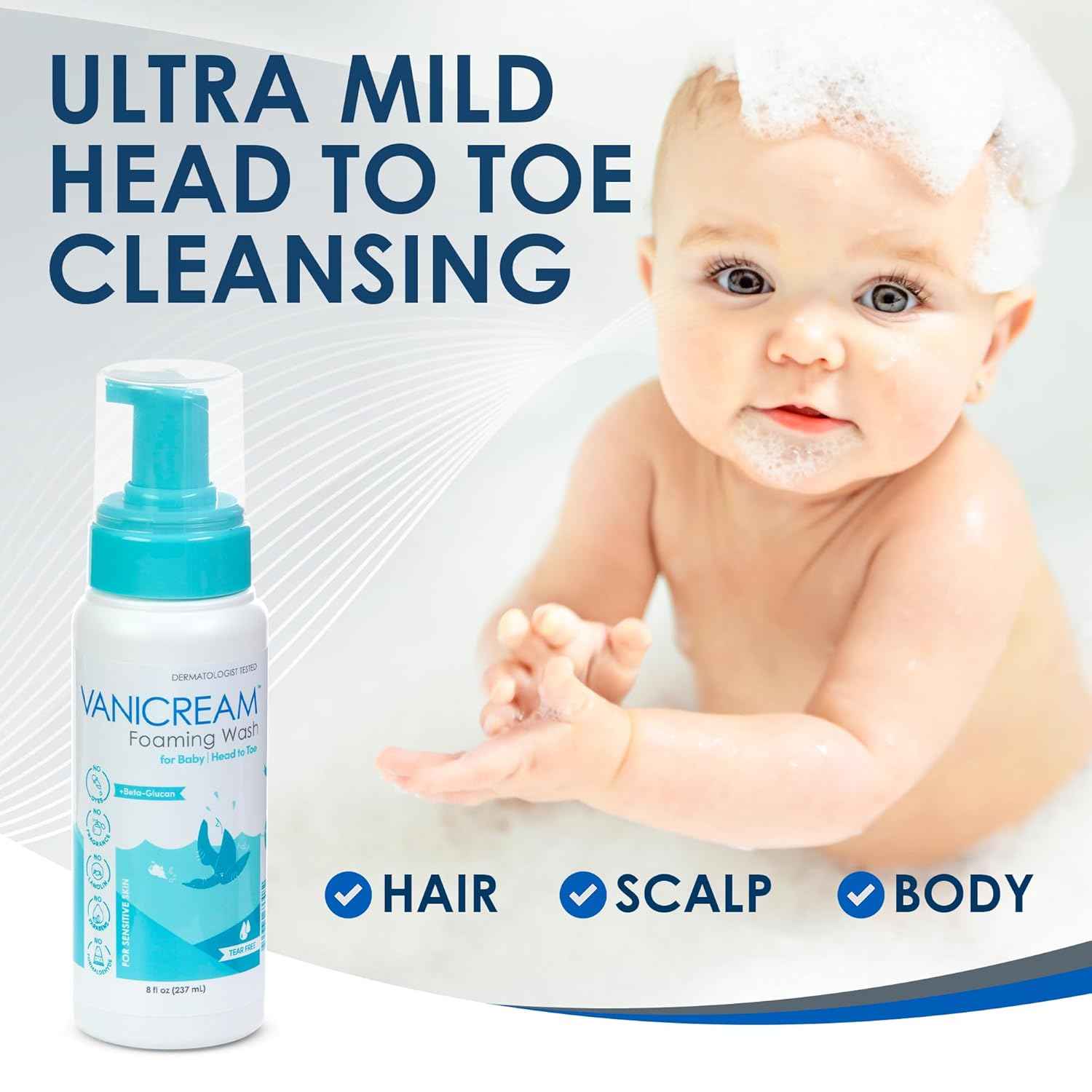 Vanicream Foaming Wash for Baby, 8 Oz, Gentle Cleanse and Moisture, Tear-Free Baby Shampoo and Body Wash with Beta-Glucan, Formulated without Common Irritants for Sensitive Skin, All Ages