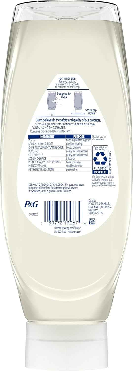 Dawn Free & Clear EZ-Squeeze Dish Soap Liquid, Dishwashing Liquid, Grease Removal, Upside Down Bottle, Unscented, 24.3 Fl Oz