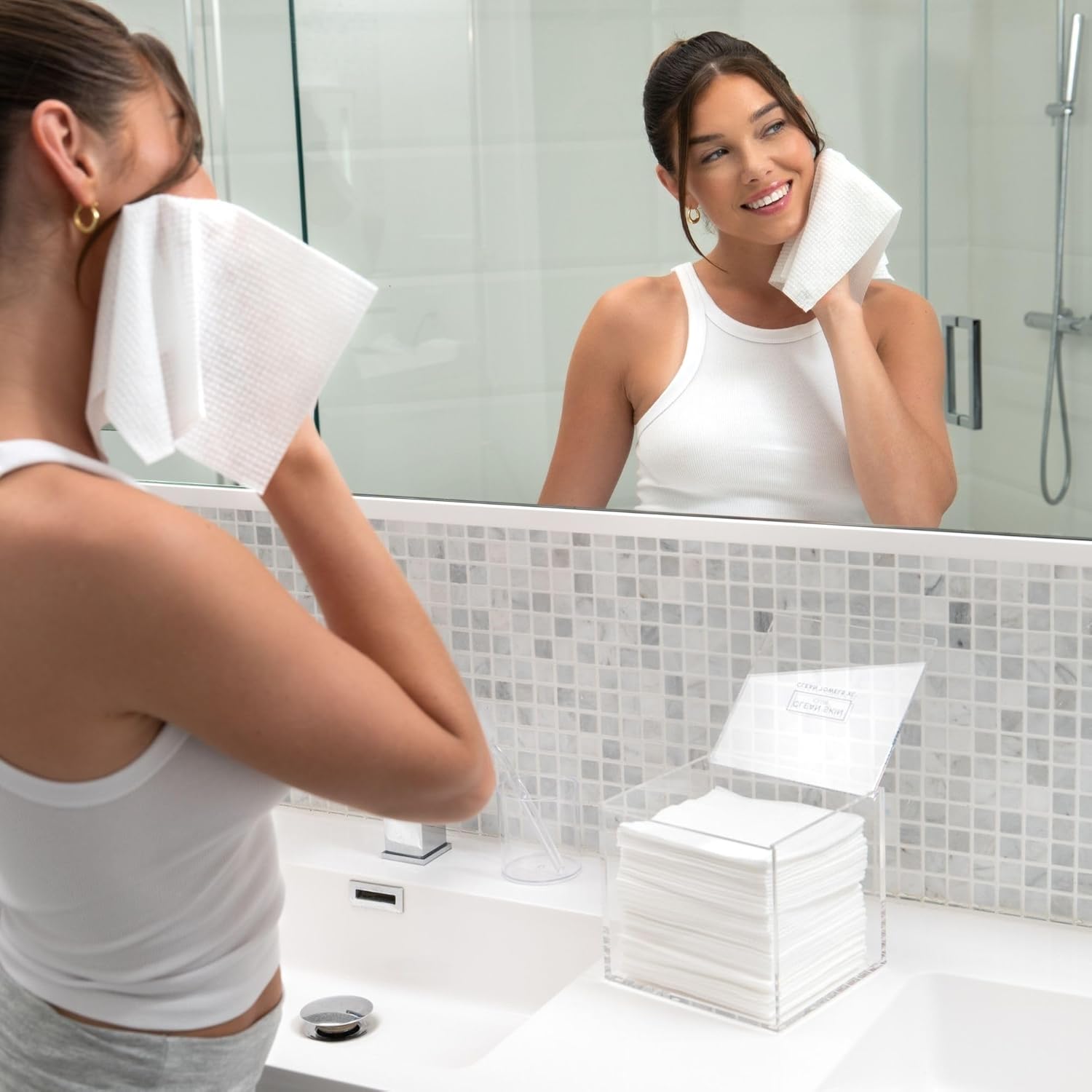 CLEAN_SKIN_CLUB_Clear_Acrylic_Box_for_Clean_Towels_XL_(NOT_Included),_Container_For_50_Disposable_Clean_Towels_XL,_Face_Towelettes_Bathroom_Counter_Storage,_Bin_for_Cleansing_Facial_Dry_Wipes