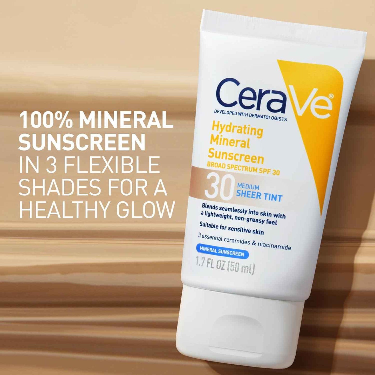 CeraVe Hydrating Mineral Sunscreen SPF 30 with Sheer Tint, Tinted Mineral Sunscreen with Zinc Oxide & Titanium Dioxide, Blends Seamlessly For Healthy Glow