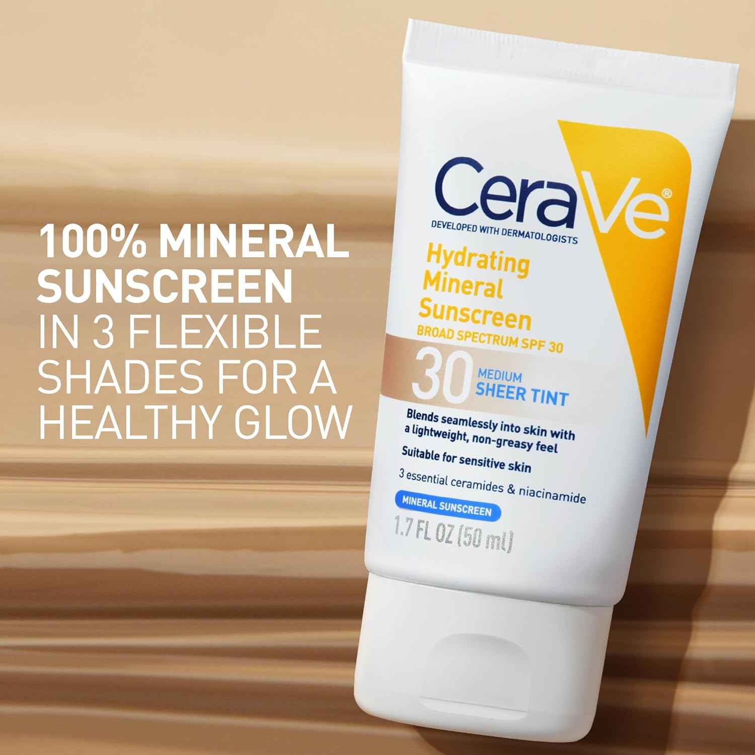 CeraVe Hydrating Mineral Sunscreen SPF 30 with Sheer Tint, Tinted Mineral Sunscreen with Zinc Oxide & Titanium Dioxide, Blends Seamlessly For Healthy Glow
