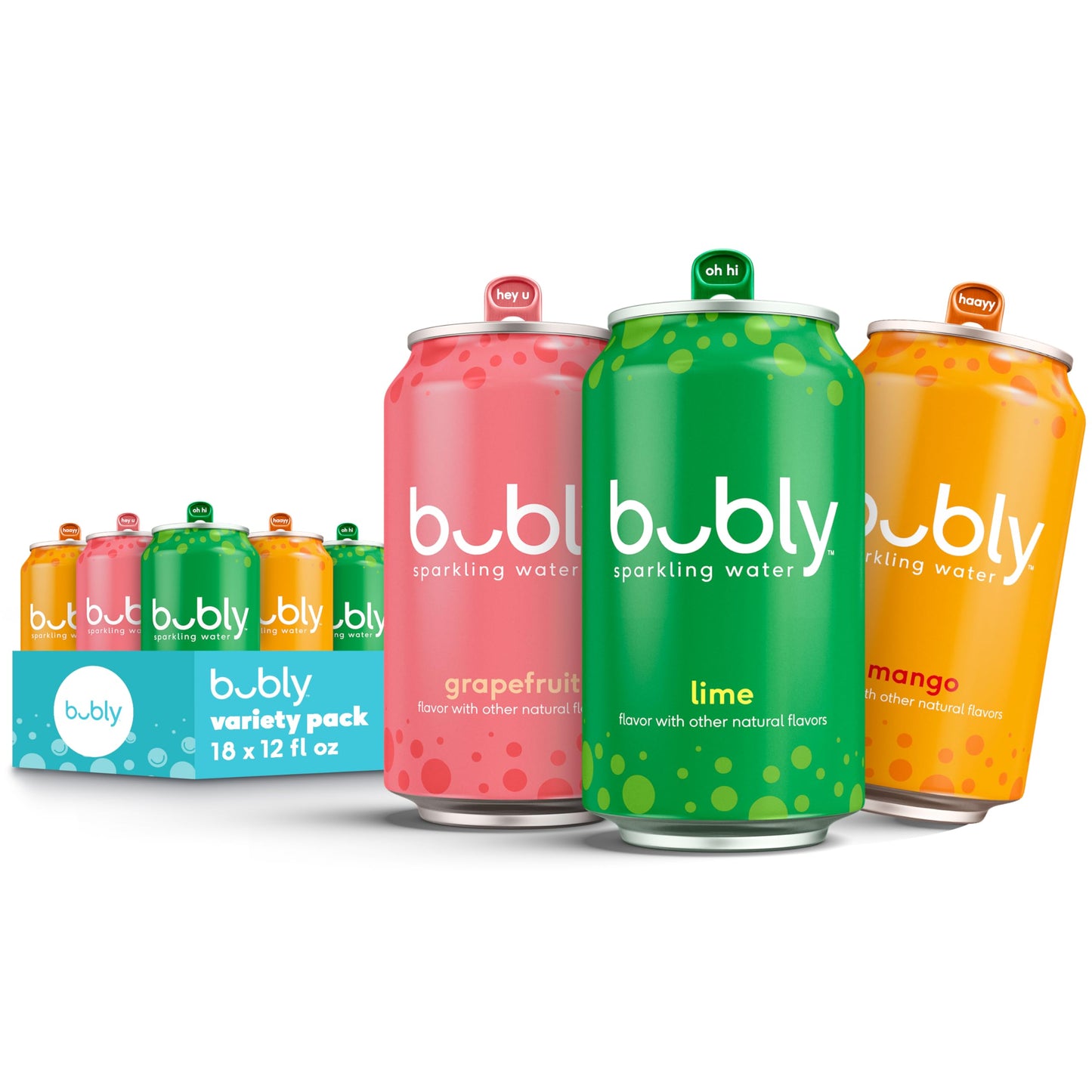bubly Sparkling Water, Tropical Thrill 3 Flavor Variety Pack (Lime, Grapefruit, Mango), Zero Sugar &amp;amp; Zero Calories, Seltzer Water, 12 Fl Oz Cans (Pack of 18)