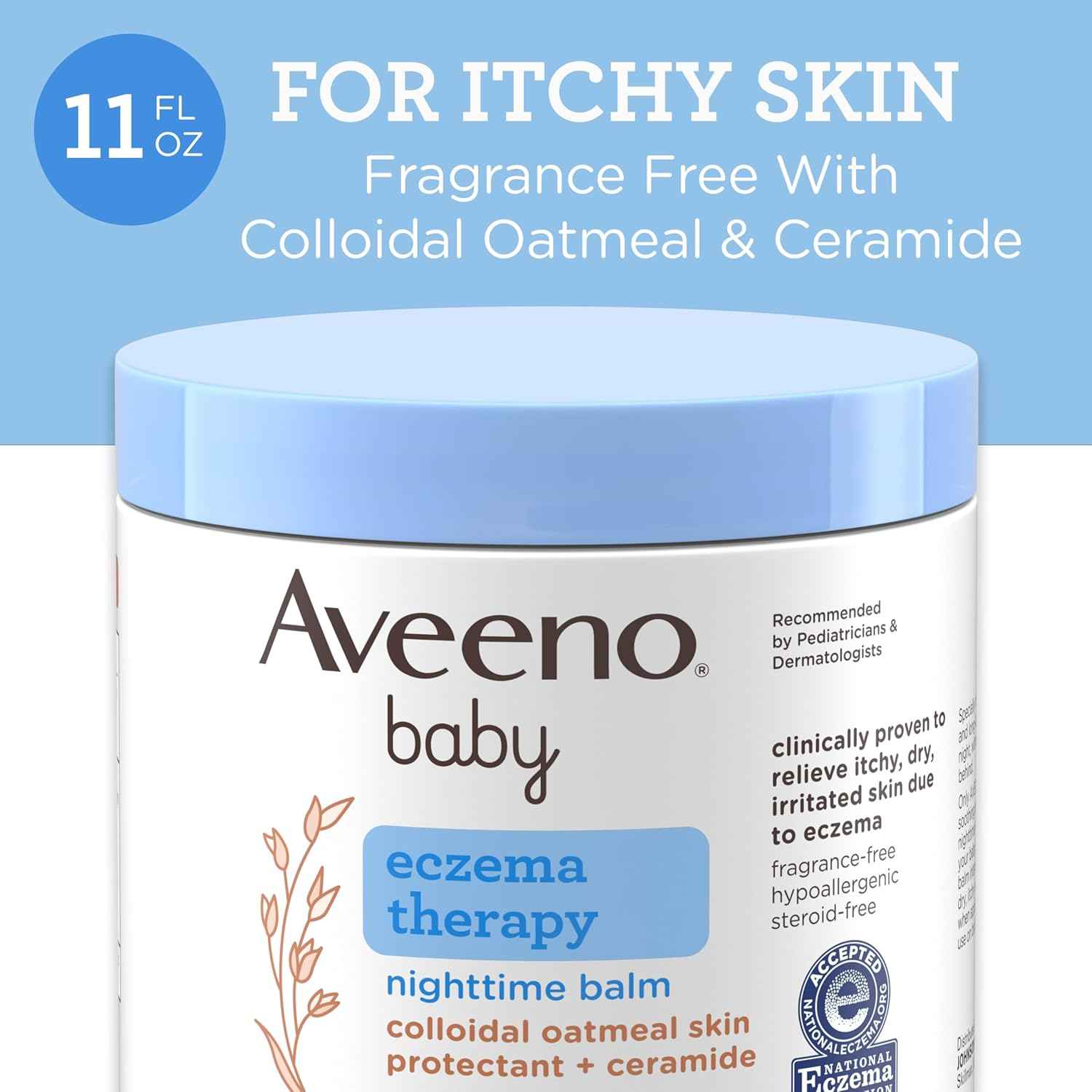 Aveeno Baby Eczema Therapy Nighttime Body Balm, Moisturizing Treatment for Face and Body, with Ceramides, Triple Oat Complex, Soothes Dry, Itchy Skin, Hypoallergenic, Fragrance and Steroid Free