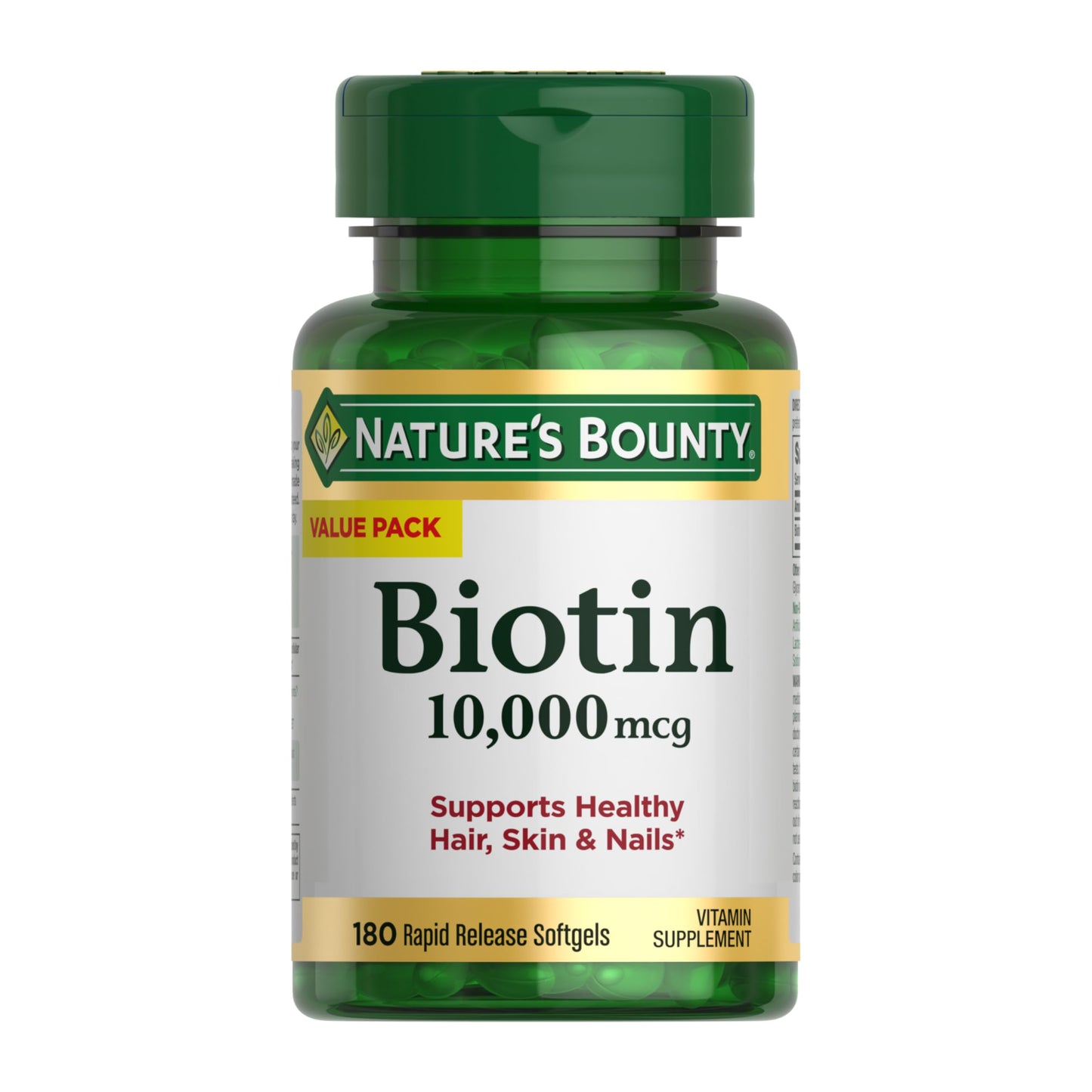Nature&amp;#39;s Bounty Biotin Hair Skin and Nails Vitamins, Supports Healthy Hair, Skin and Nails, 10,000 mcg, Rapid Release Softgels, 180 Ct