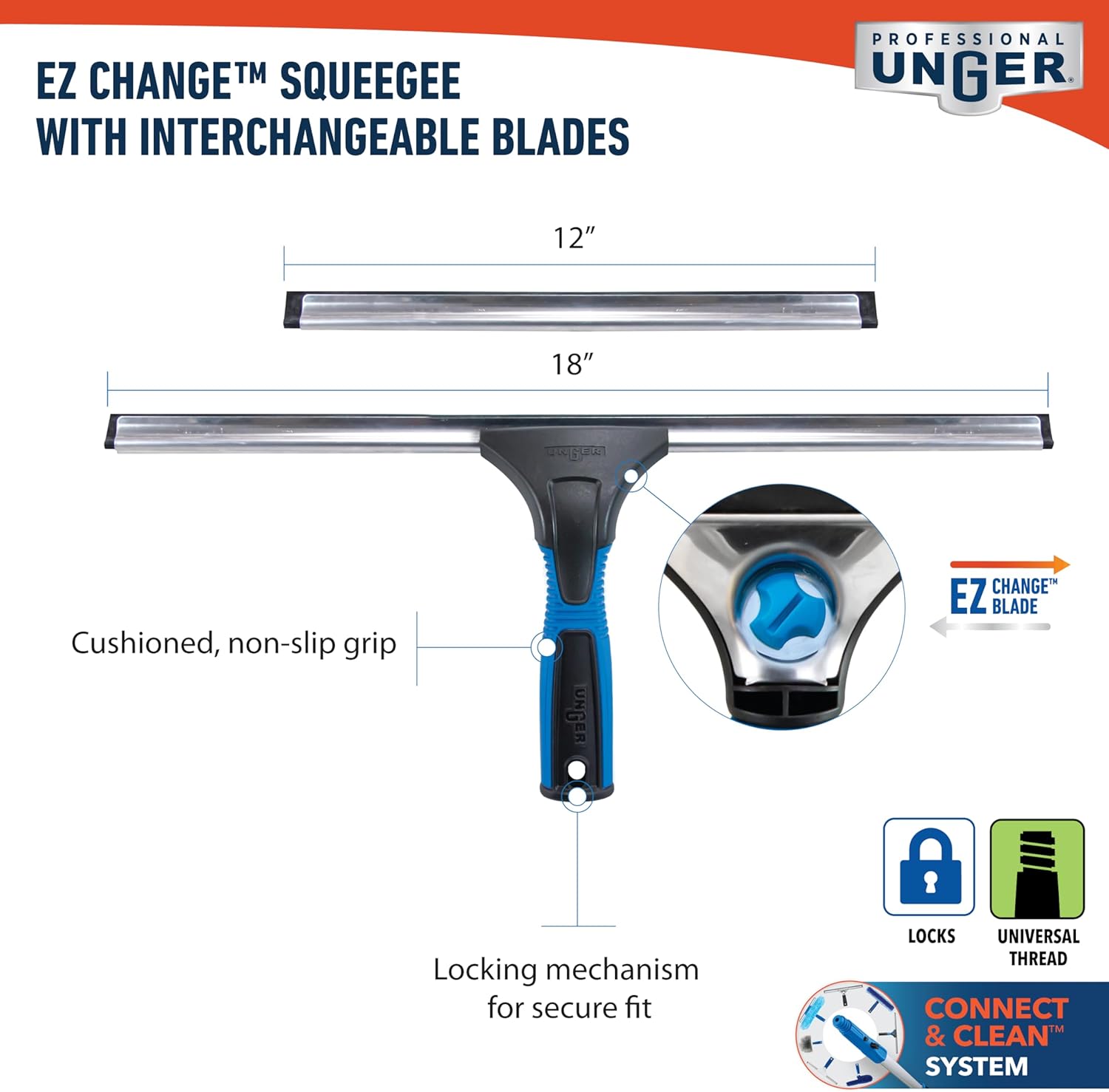 Unger_Professional_Connect_and_Clean_18”_EZ_Change_Window_and_Glass_Cleaning_Squeegee,_Large_and_Small_Windows,_Rubber_Blade_Tool_for_Streak-Free_Results,_Includes_12”_Channel