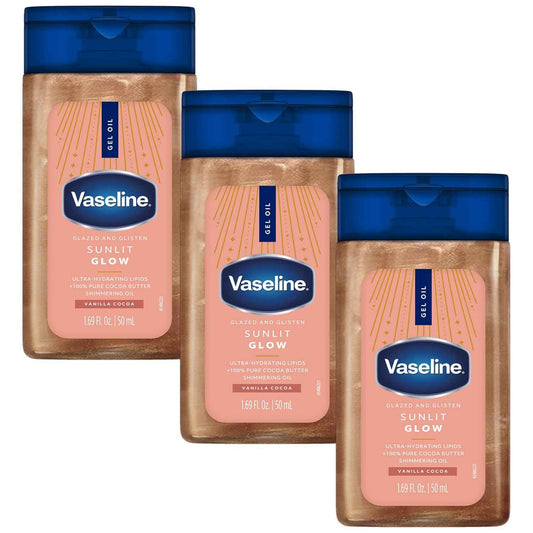 Vaseline Glazed and Glisten Sunlit Glow Body Gel Oil, Ultra-Hydrating Lipids with 100% Pure Cocoa Butter and Shimmering Oil, Vanilla Cocoa Scent, 1.69 Fl Oz, 3 Pack