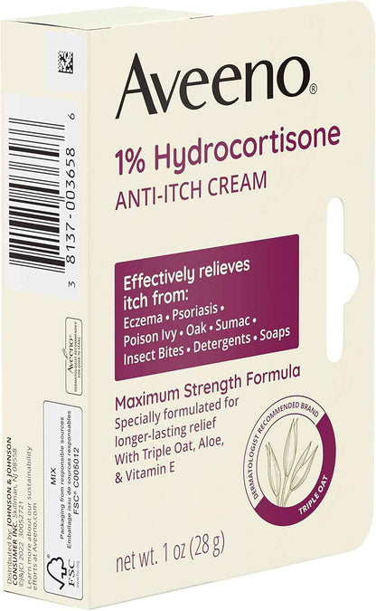 Aveeno Maximum Strength 1% Hydrocortisone Anti-Itch Cream, Triple Oat, Aloe & Vitamin E For Itch Relief From Eczema, Psoriasis, Insect Bites, Poison Ivy, Oak & Sumac & Detergents, 1 oz