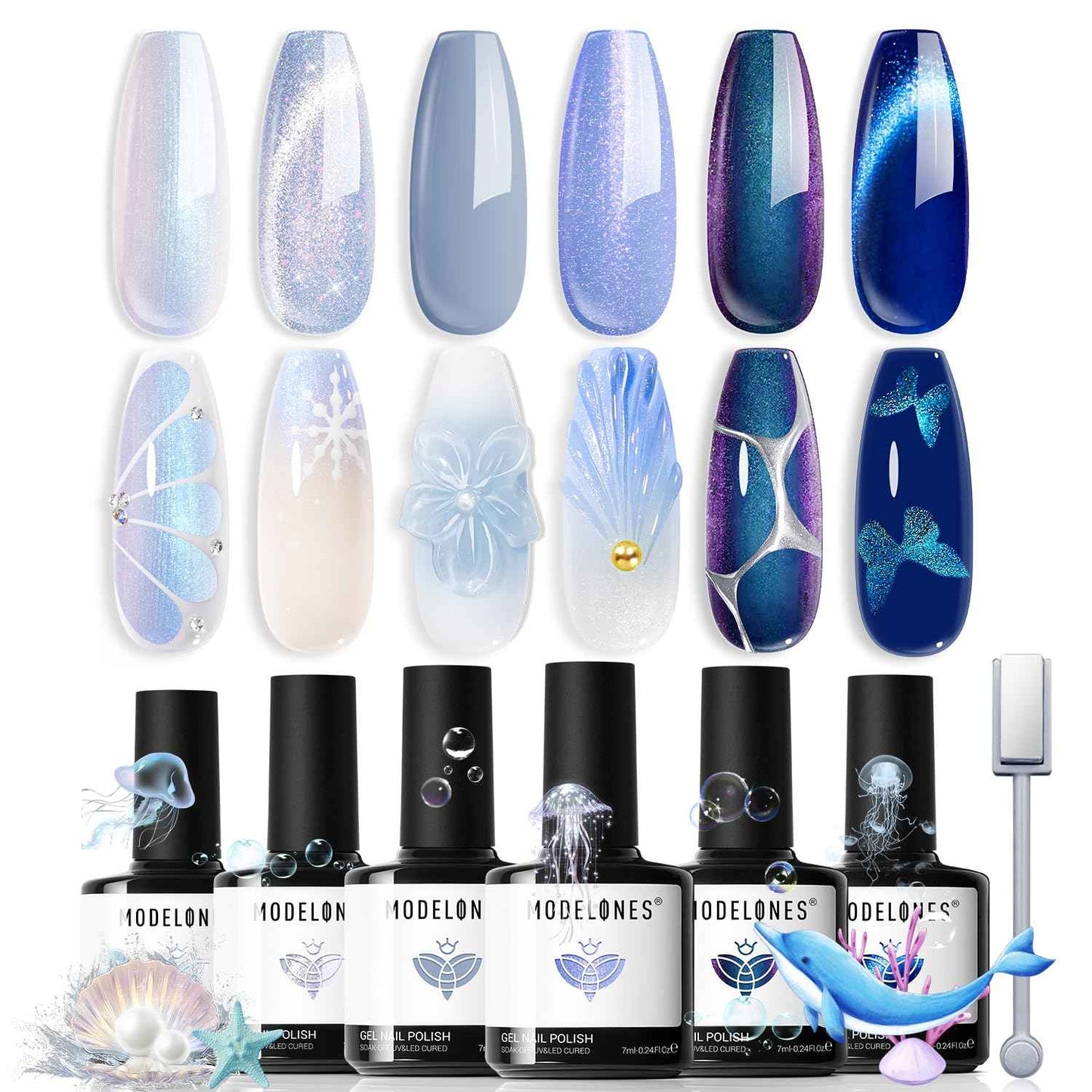 modelones Cat Eye Magnet Set, Heart French Cateye Gel Polish Nail Tools Kit Dual-Head 3 IN One Magnets Pen Heart Round Square Flower Glassy Moon Multi Effect Nail Art Designs Home DIY Salon Use