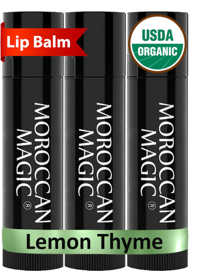 Moroccan Magic Organic Lemon Thyme Lip Balm 3 Pack | Ultra-Hydrating Argan &amp;amp; Essential Oil Lip Moisturizer + Vitamin E | Natural Chapstick for Dry Lips | Smooth, Non-Toxic | Organic Lip Balm