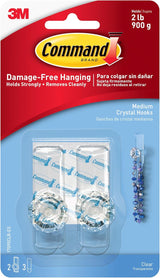 Command Medium Crystal Hook, Holds up to 2 lb, 2 Wall Hooks with 3 Strips, Damage-Free Hanging on Walls, Doors, Cabinets, and Cloest for Jewelry and Accessories