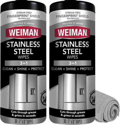 Weiman Stainless Steel Cleaner & Polish Kit, Wipes & Cloth, Anti-Fingerprint, Removes Grease, Water Spots, Streaks & Residue, Polishing Cleaner Safe for Appliances, Chrome, Sinks & Grill Exteriors