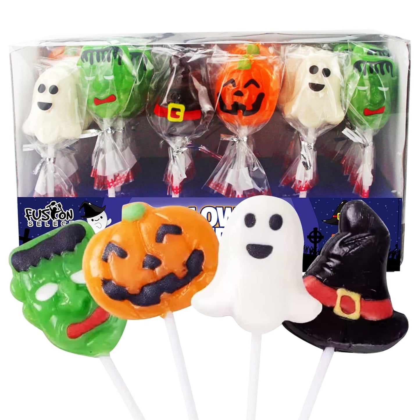 Fusion Select Candy Lollipops - Halloween Suckers - Trick or Treat Candies for Kids - Frankenstein's Monster, Jack o Lantern, Ghost & Witch Hat Sweets - Individually Wrapped - 30 Per Box - Eco House Kit