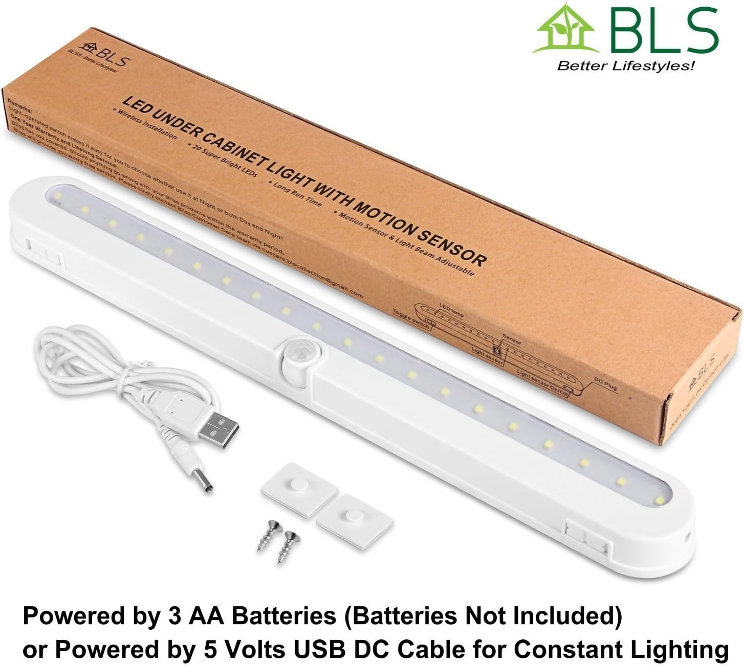 BLS_T01L_LED_Closet_Light,_Super_Bright_20_LED_Under_Cabinet_Lighting_Battery_Powered/DC_Input_Wireless_Motion_Sensing_Light,_Auto_On_Off_Switch,_Motion_Sensor_&_Light_Sensor,_Light_Beam_Adjustable