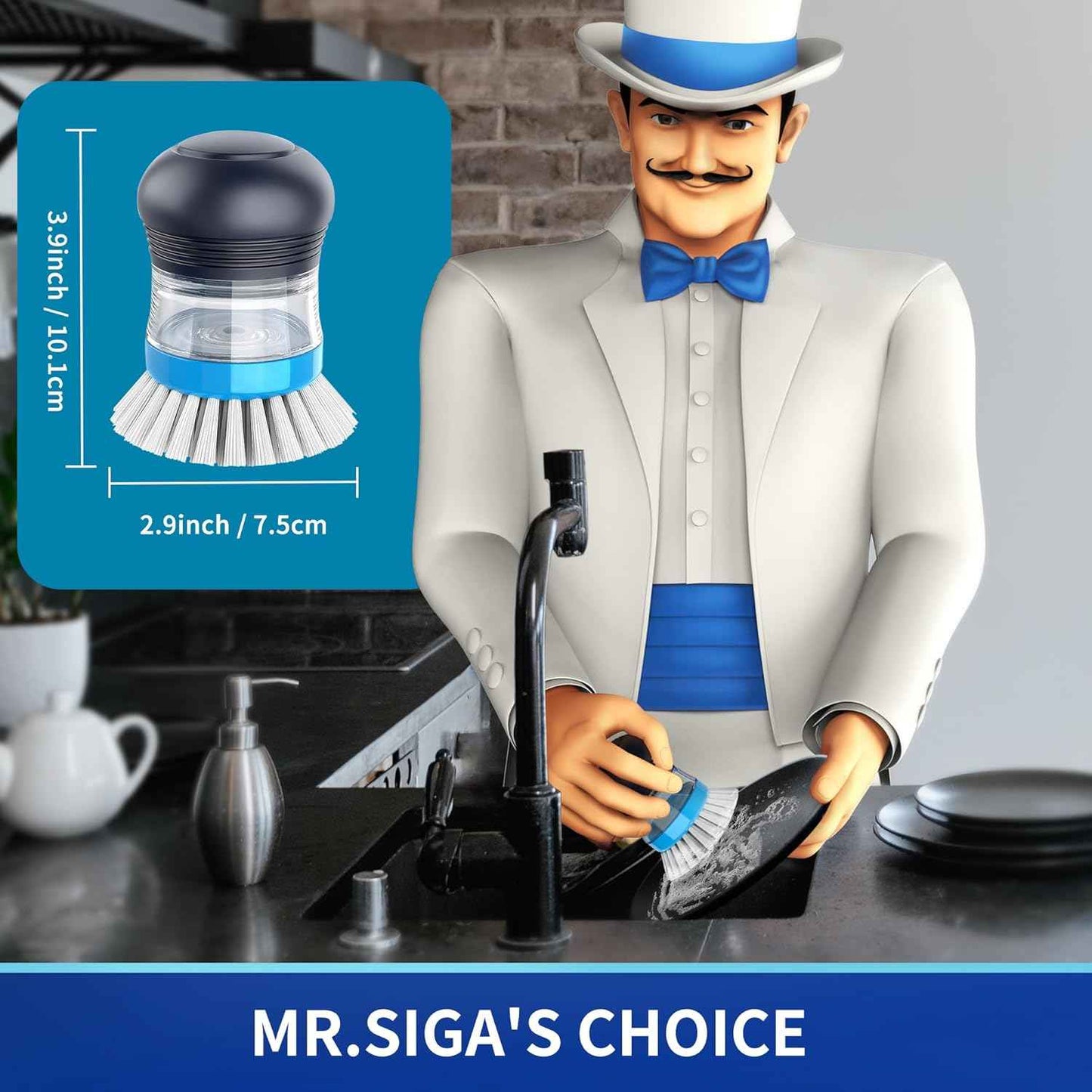 MR.SIGA Soap Dispensing Palm Brush, Kitchen Brush for Dish Pot Pan Sink Cleaning, Pack of 1, Navy/Blue