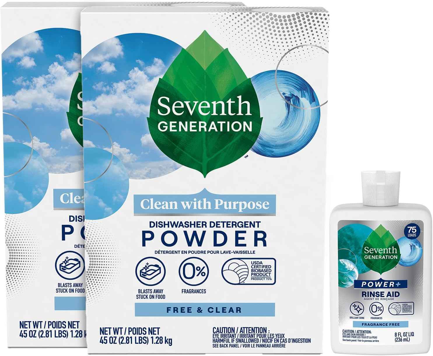 Seventh Generation Dishwasher Detergent Powder + Rinse Aid, Free & Clear, Biodegradable, Plant-Based & Fragrance-Free, Septic Safe