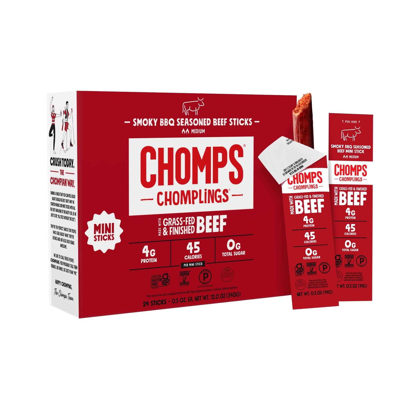 Chomps Snack Size Grass-Fed and Finished Jerky Snack Sticks 0.5oz 24-Pack - Keto, Paleo, Whole30, 4g Lean Meat Protein, Gluten-Free, Zero Sugar Food, Non-GMO Chomplings