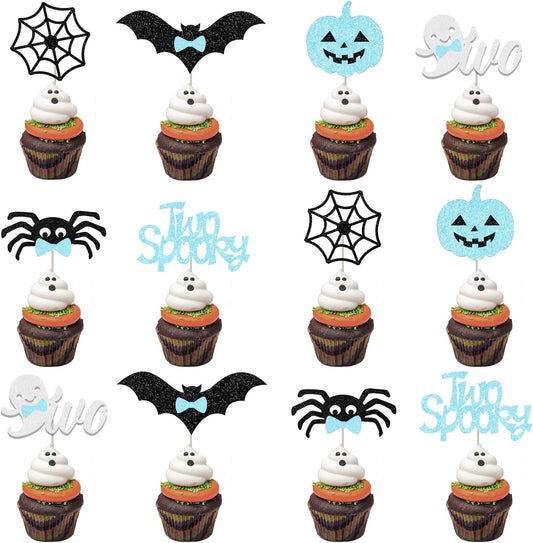 Halloween_Two_Spooky_Cupcake_Toppers_Birthday_Decorations_for_2_Year_Old_Boy,_36Pcs_Ghost_Dessert_Table_Blue_Black_Cupcake_Toppers_Decors_Birthday_Celebration_Party_Favor_Supplies