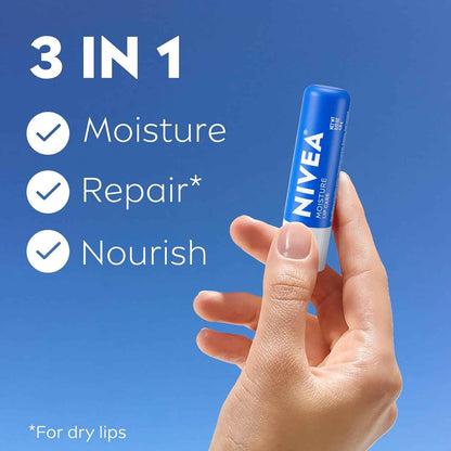 NIVEA Moisture Lip Care, Hydrating Lip Balm, Nourishing Oils and Vitamin C & E, 3-in-1 Moisture, Repair and Nourish, 0.17 Oz Stick